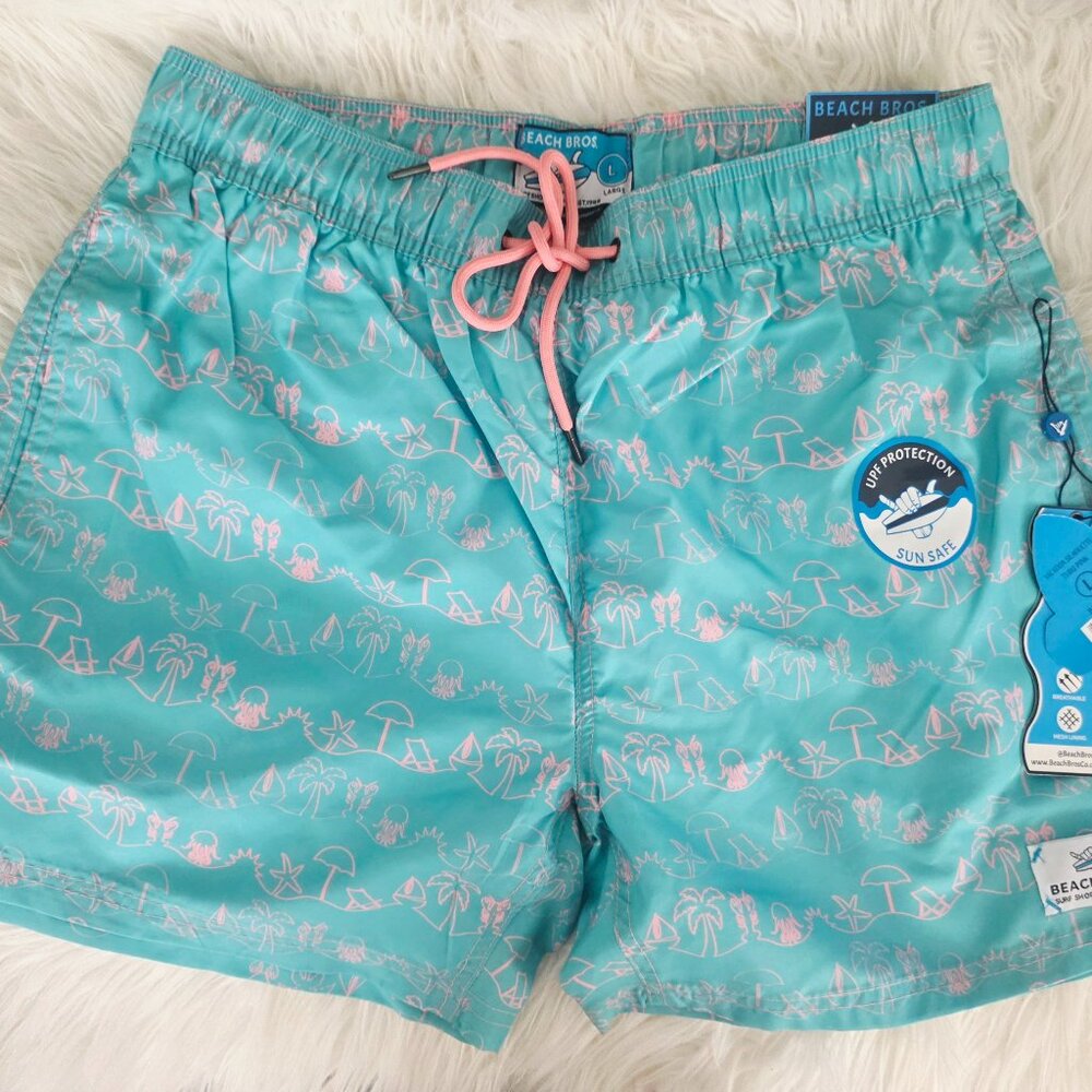 NWT Beach Bros Men's Swim Trunks- Turquoise & Pink - Large